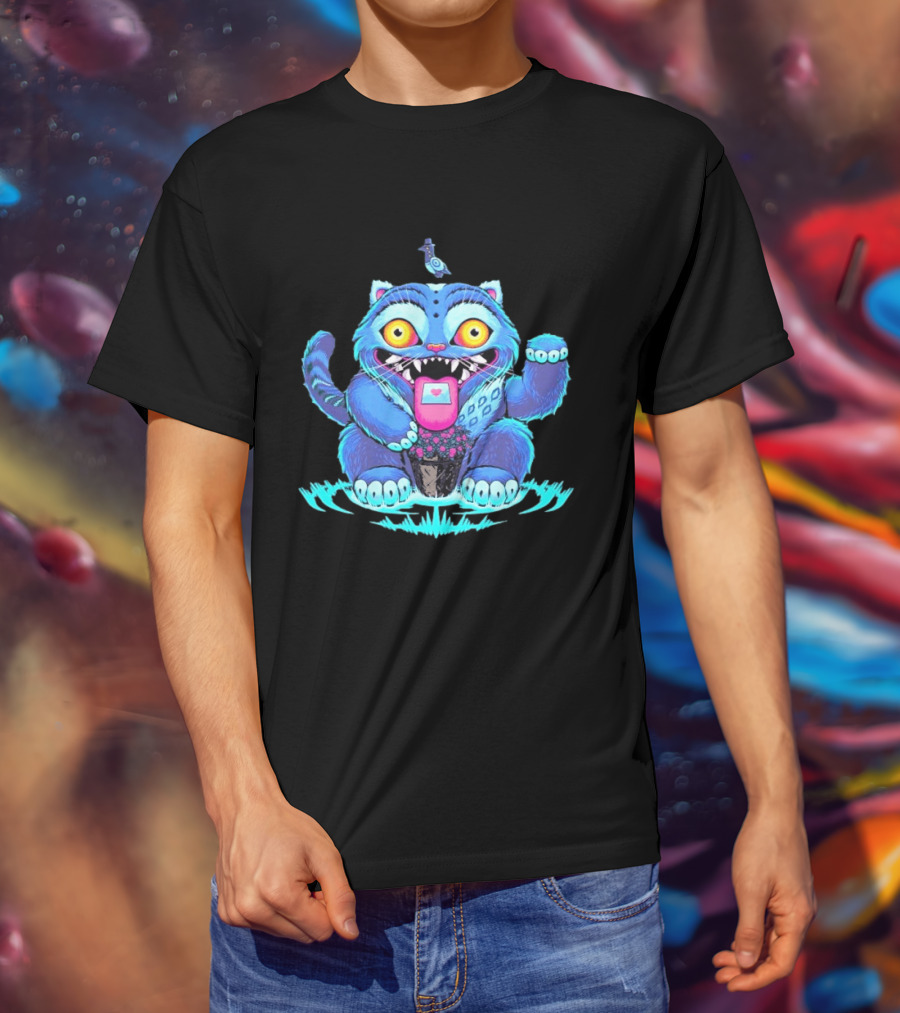 Lucky Derpy Cheshire Cat Maneki Neko Fusion Vibrant Blue T-Shirt
