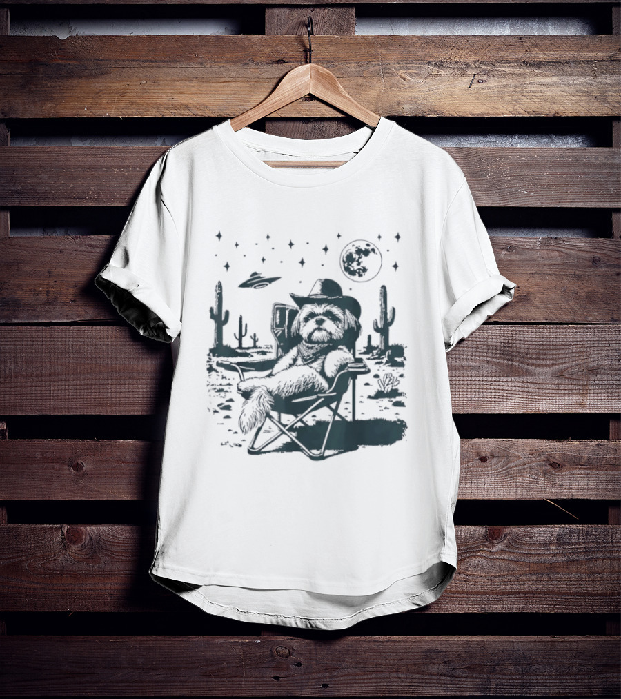 Shih Tzu Cowboys UFO Western Desert Scene Cactus Moon Stars T-Shirt