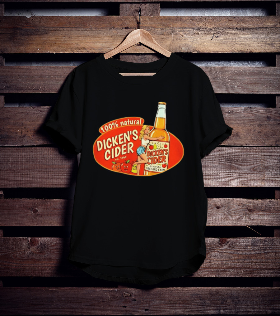 100 Natural Dicken's Cider Est 1969 Girl Hugging All Natural Orchard Farm Bottle T-Shirt
