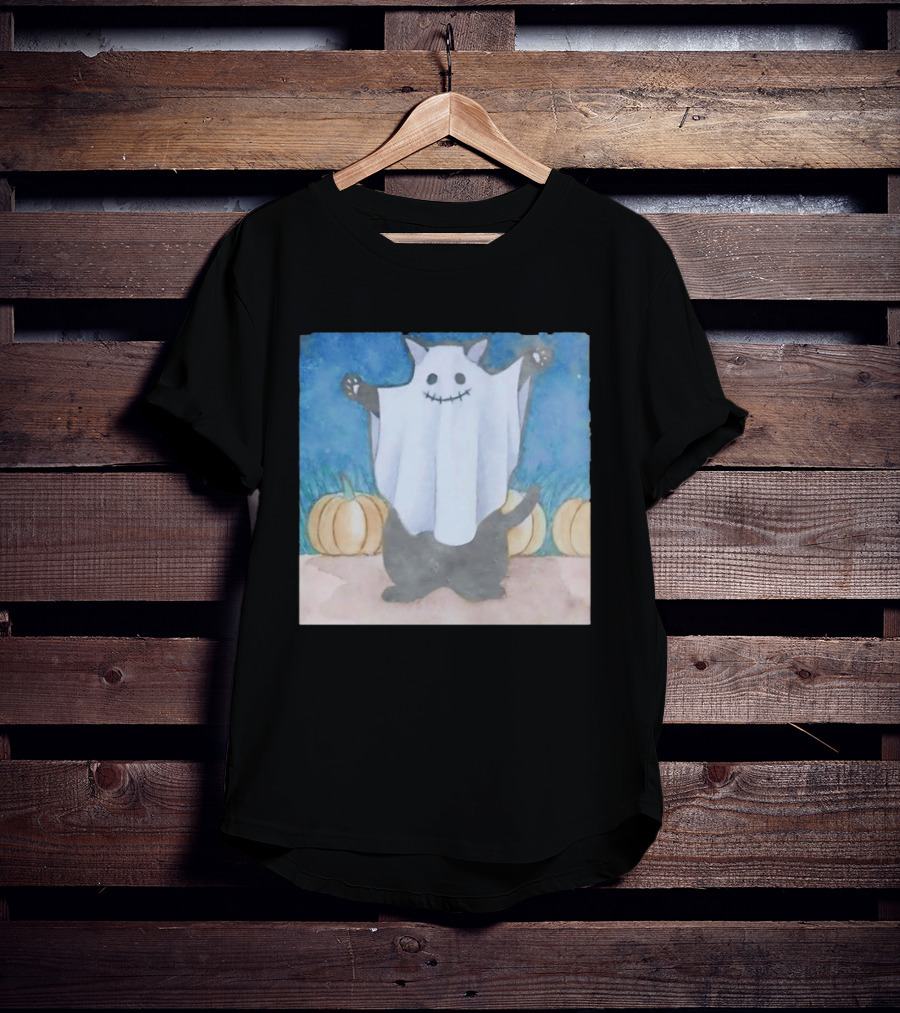 Spooky Black Cat In Ghost Costume With Pumpkins Halloween T-Shirt