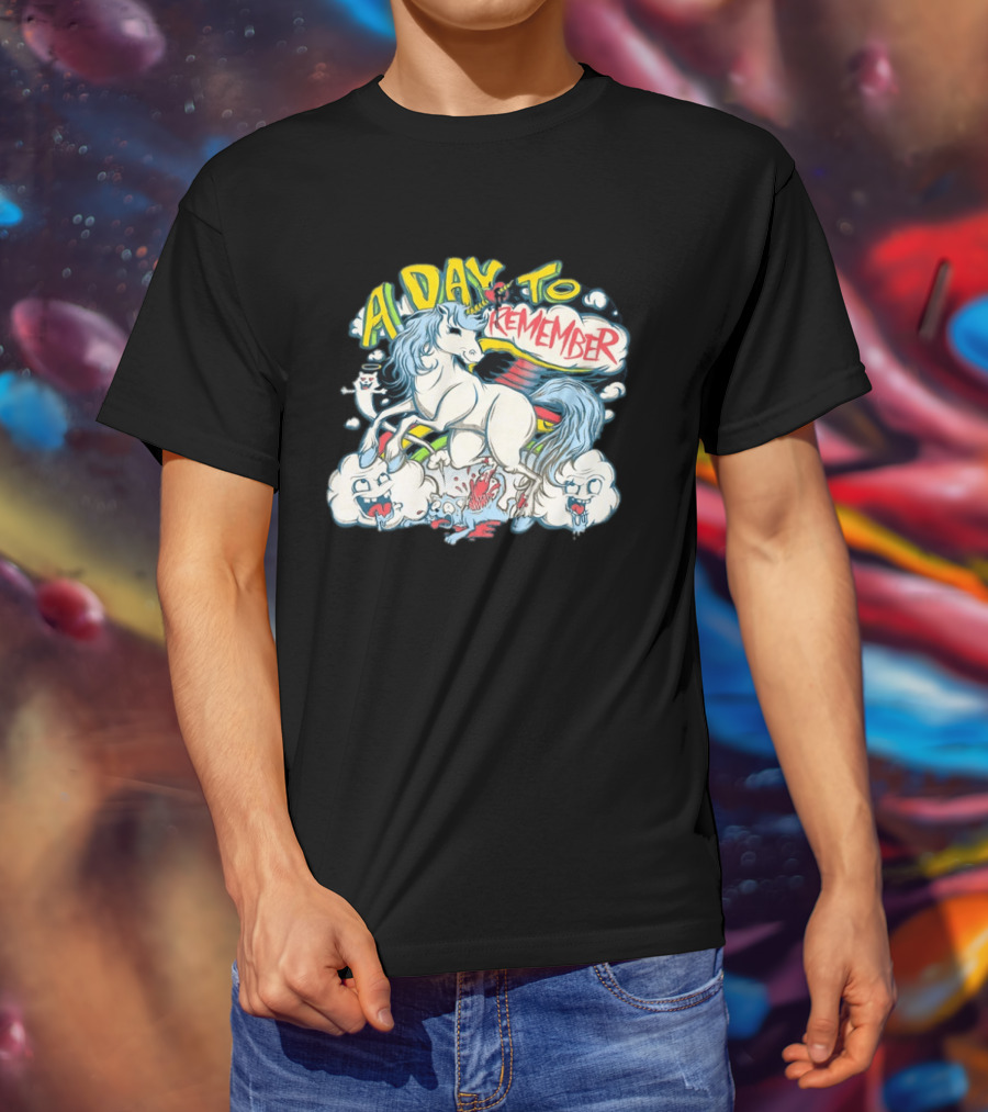 A Day To Remember Unicorn With Colorful Clouds And Characters T-Shirt