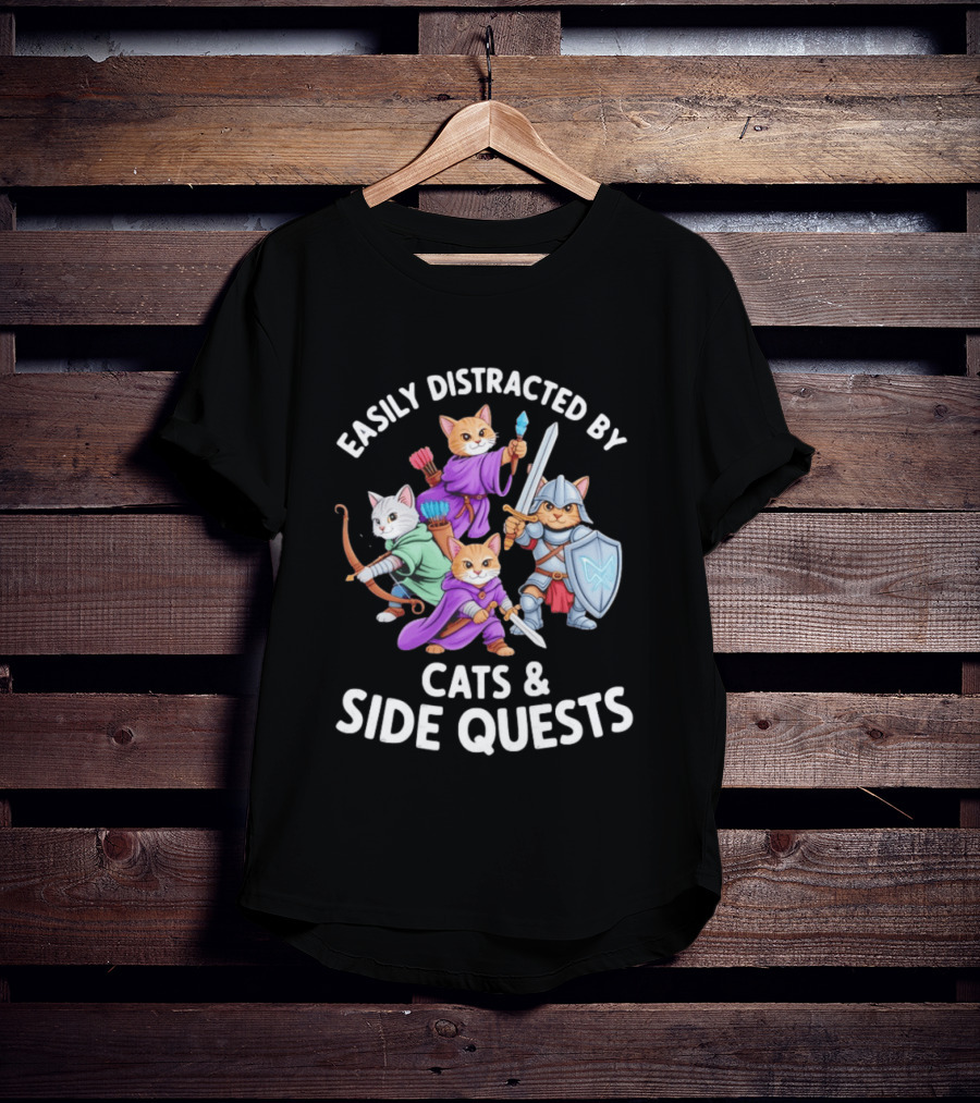 Easily Distracted By Cats And Side Quests Fantasy Theme With Feline Adventurers T-Shirt