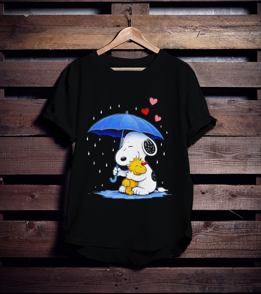 Snoopy Woodstock Umbrella Hearts Rain Hugging T-Shirt