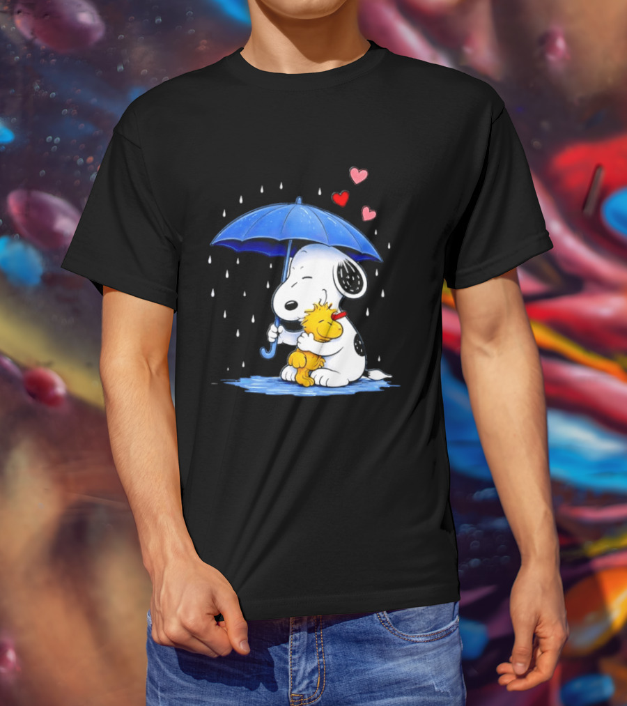 Snoopy Woodstock Umbrella Hearts Rain Hugging T-Shirt
