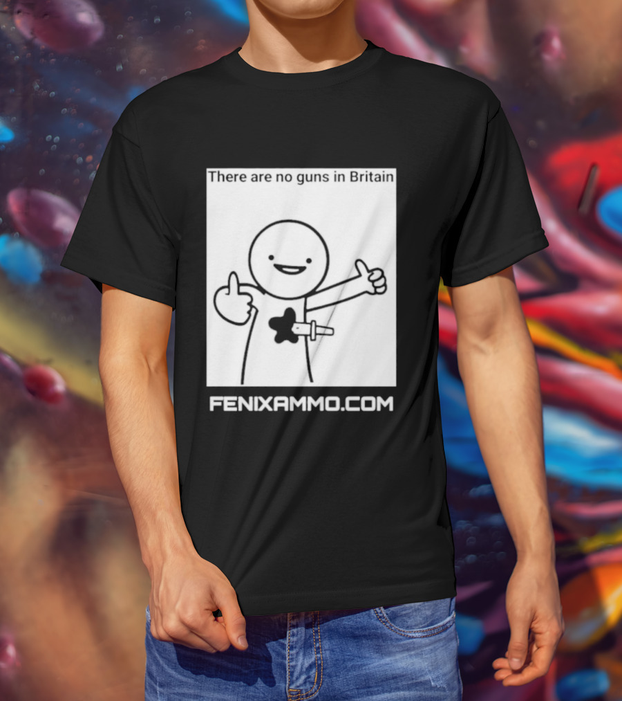 There Are No Guns In Britain Fenixammo Com Happy Character With Gun Hand Gesture T-Shirt