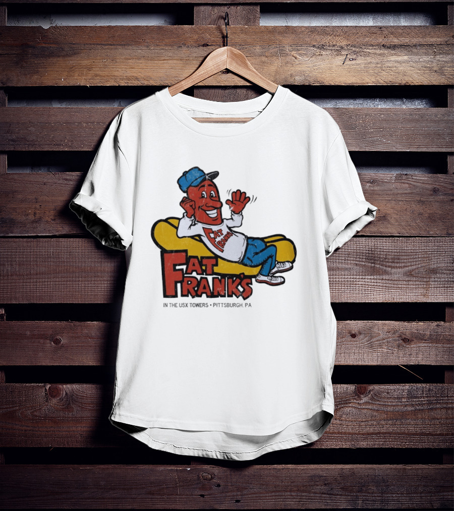 Fat Frank's In The USX Towers Pittsburgh PA Hot Dogs Retro Cartoon T-Shirt