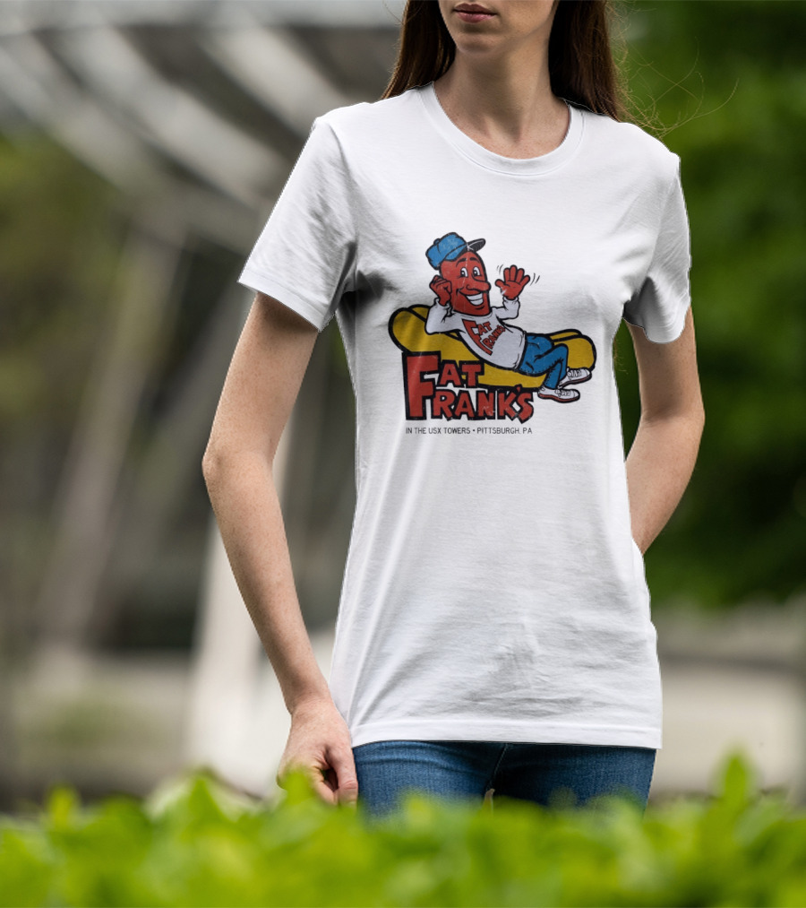 Fat Frank's In The USX Towers Pittsburgh PA Hot Dogs Retro Cartoon T-Shirt