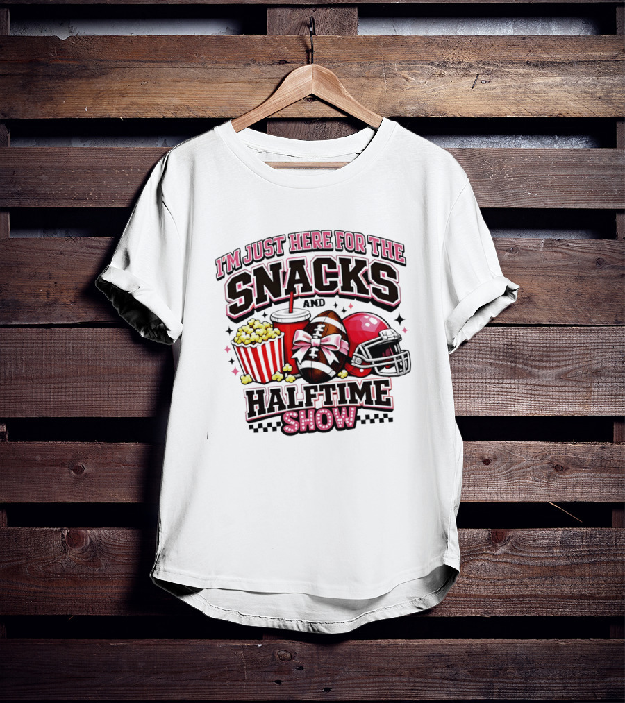 I'm Just Here For The Snacks And Halftime Show Football Popcorn Pink Coquette T-Shirt