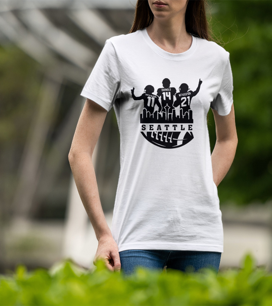 Seattle Seahawks Sam Darnold Jaxon Smith Njigba Devon Witherspoon NFC 2026 Football Skyline T-Shirt
