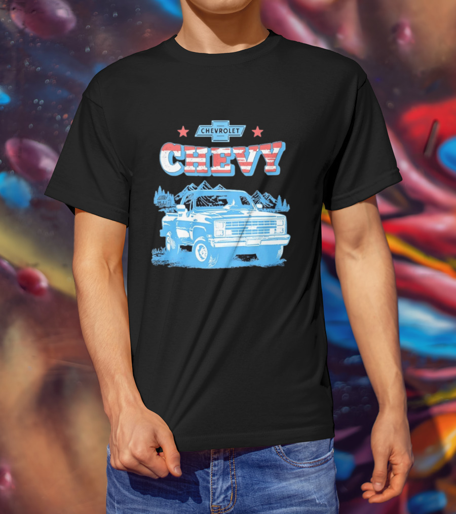 Chevy Chevrolet Truck Vintage Stars And Stripes Retro Mountain Scene T-Shirt