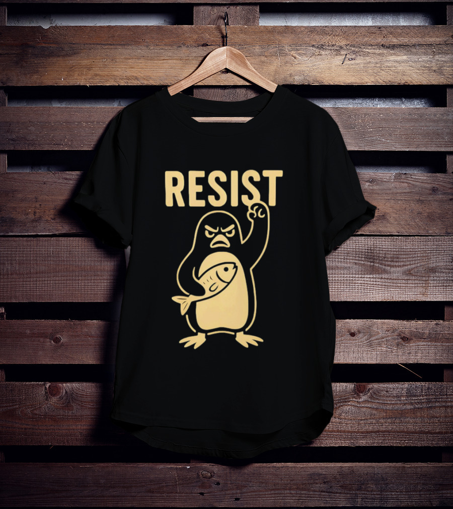 RESIST Angry Penguin Holding Fish T-Shirt