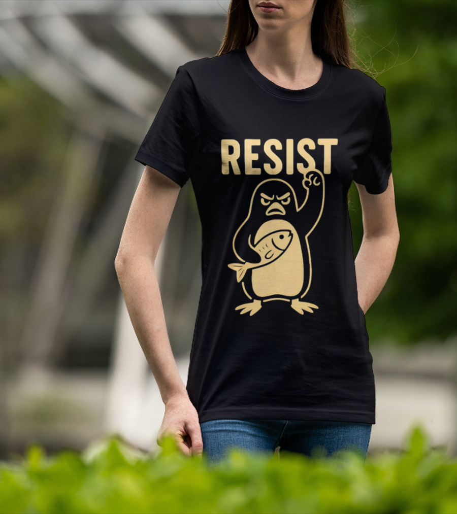 RESIST Angry Penguin Holding Fish T-Shirt