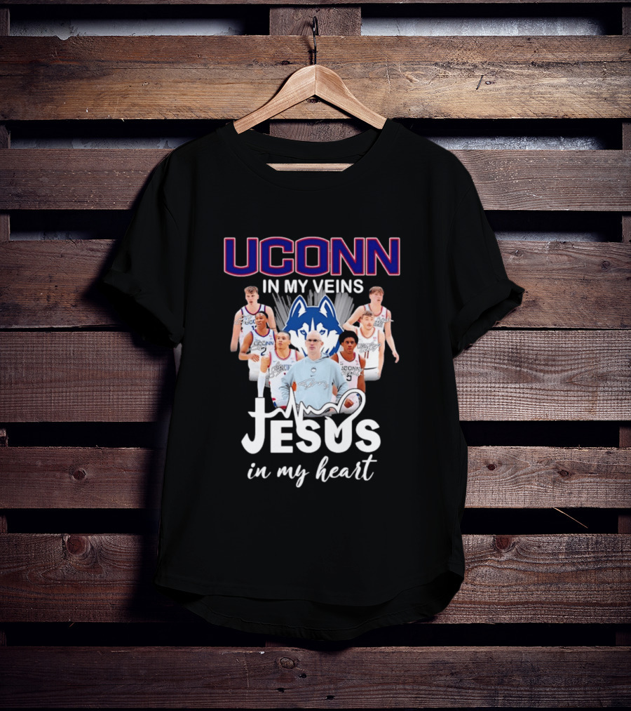 UConn Huskies Coach Dan Hurley Players Jesus In My Heart In My Veins T-Shirt