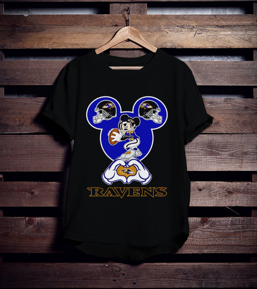 Baltimore Ravens Mickey Mouse Heart Hands Football Helmets T-Shirt