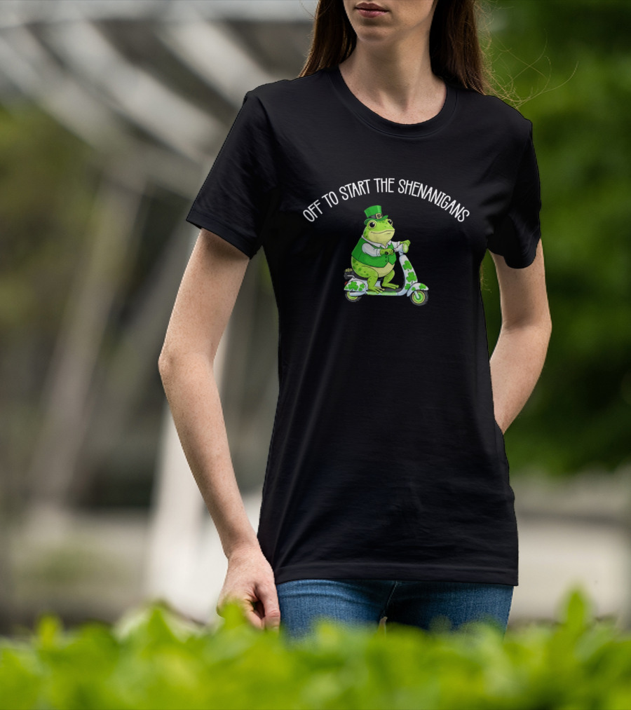 Off To Start The Shenanigans Frog Scooter St. Patrick's Day T-Shirt