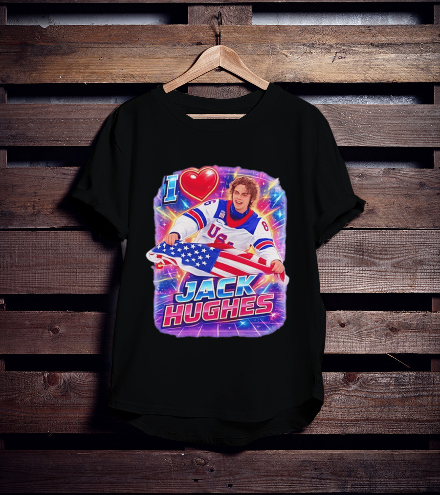 I Love Jack Hughes USA Hockey Flag Celebration T-Shirt