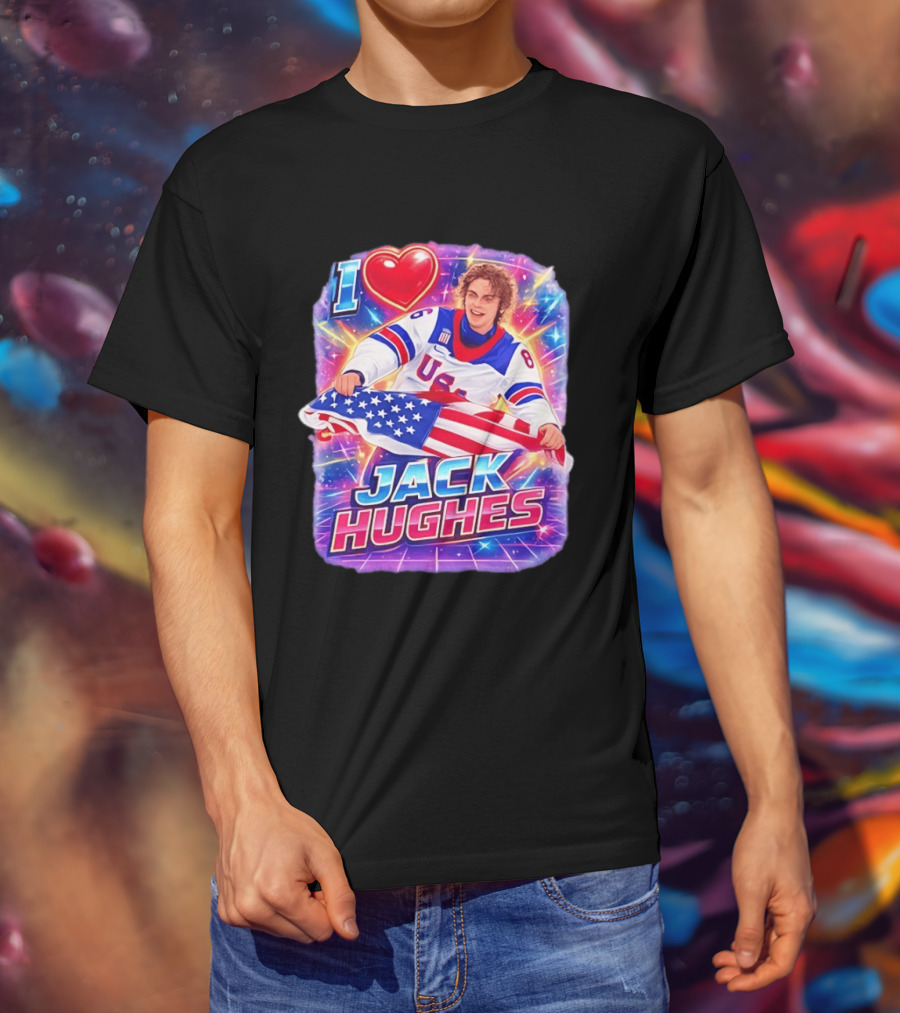I Love Jack Hughes USA Hockey Flag Celebration T-Shirt
