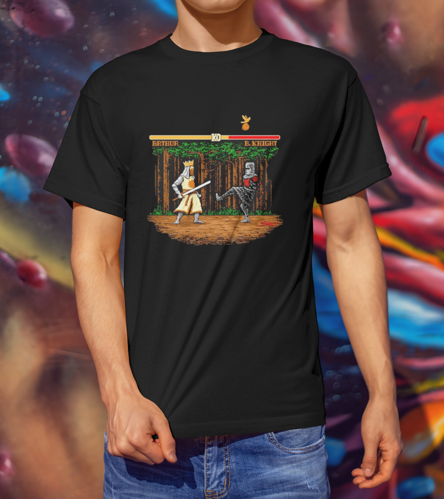 King Arthur Vs Black Knight KO Monty Python And The Holy Grail Pixel Art Forest Duel T-Shirt