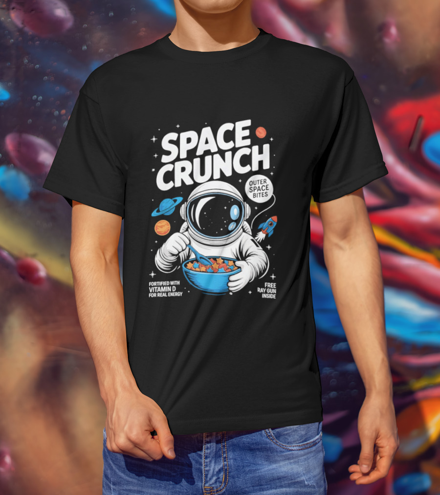 Space Crunch Outer Space Bites Astronaut Eating Cereal Planets Rockets T-Shirt
