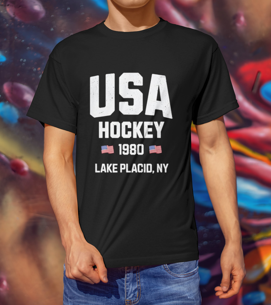 USA Hockey 1980 Lake Placid NY American Flags T-Shirt