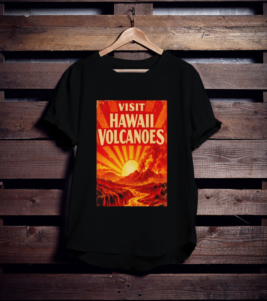 Visit Hawaii Volcanoes Vintage Travel With Erupting Mountain And Sunset Rays T-Shirt