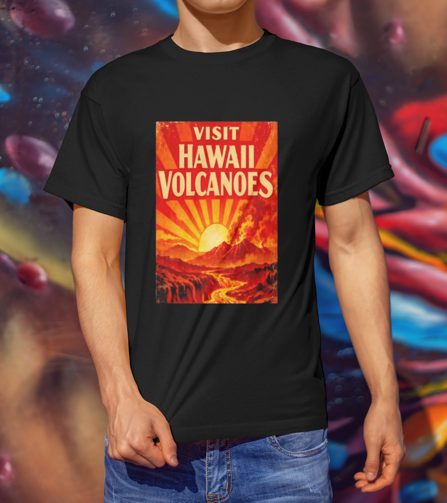 Visit Hawaii Volcanoes Vintage Travel With Erupting Mountain And Sunset Rays T-Shirt