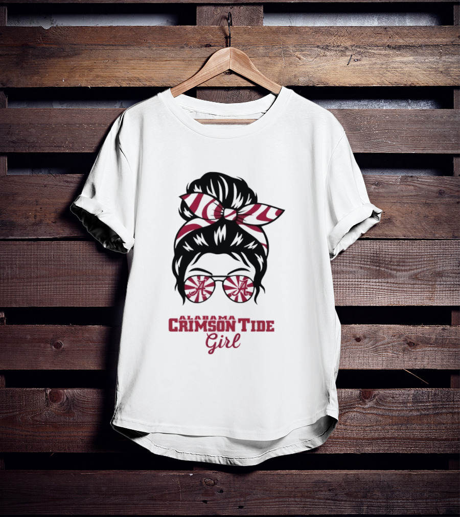Alabama Crimson Tide Girl Messy Bun With Glasses And Bow T-Shirt