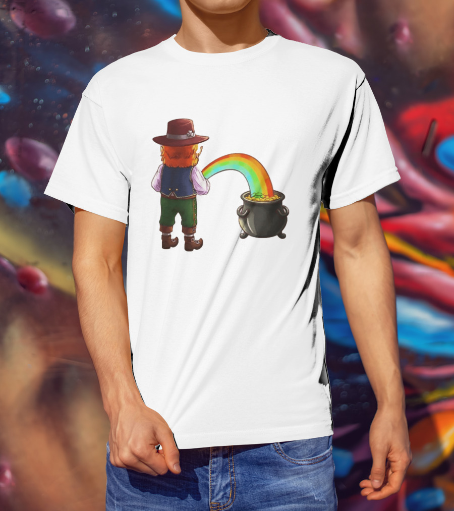 St Patricks Day Leprechaun Pissing Rainbow Into Pot Of Gold Meme T-Shirt