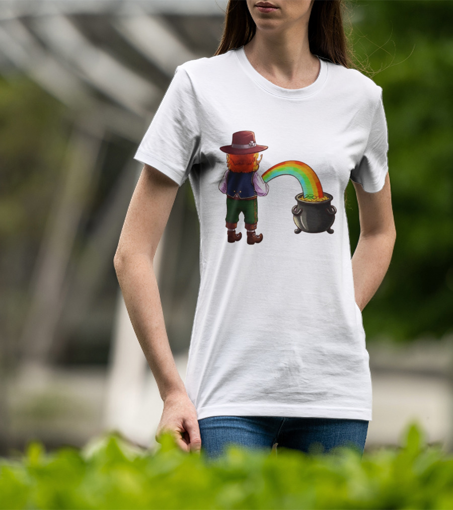 St Patricks Day Leprechaun Pissing Rainbow Into Pot Of Gold Meme T-Shirt