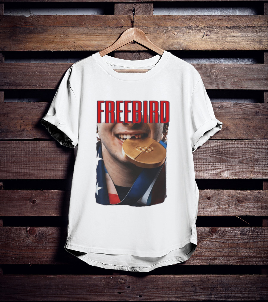 Jack Hughes Freebird Golden Smile Olympic Medal Bite T-Shirt