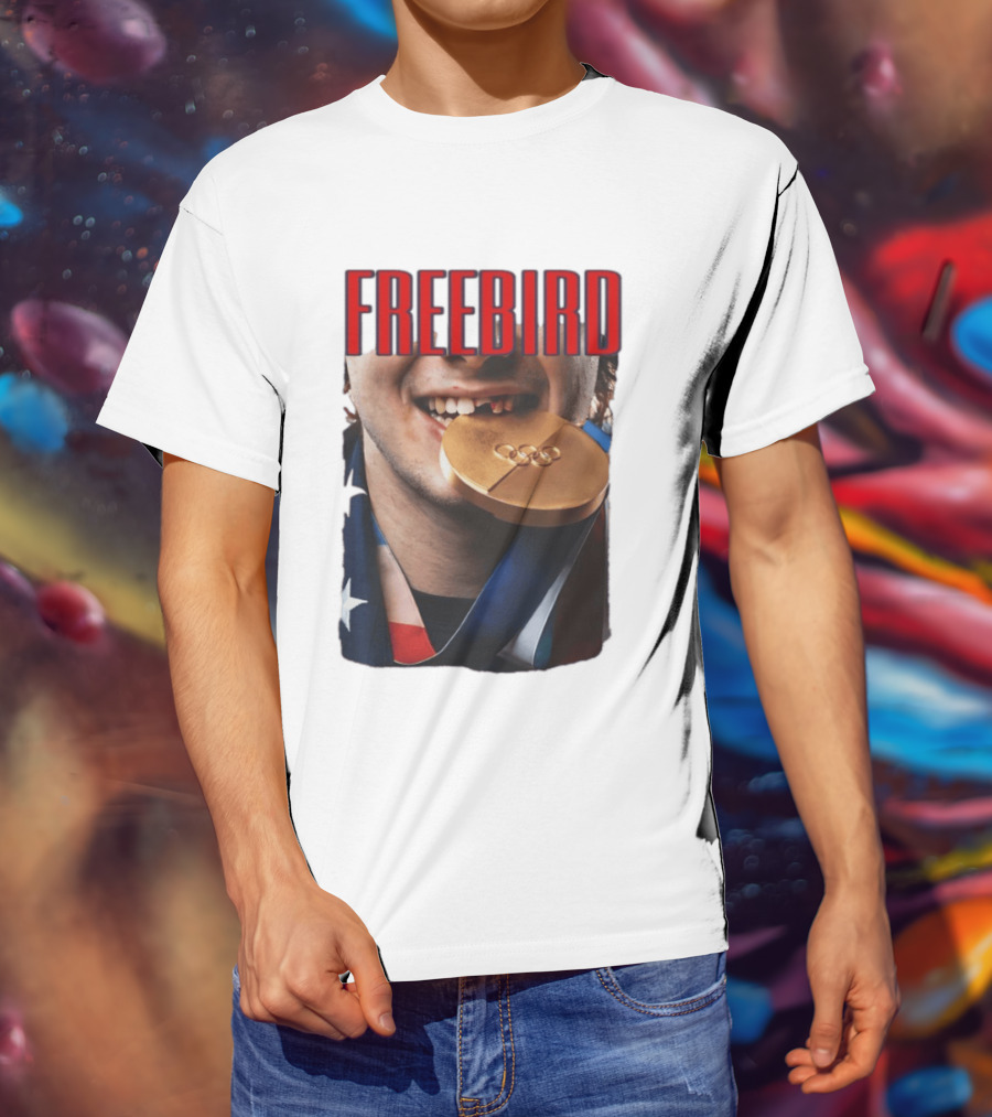 Jack Hughes Freebird Golden Smile Olympic Medal Bite T-Shirt