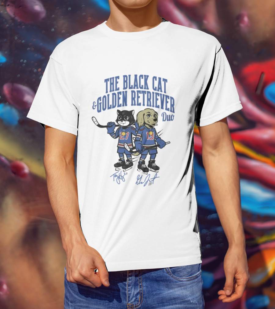 The Black Cat And Golden Retriever Duo Hockey Team 27 13 T-Shirt