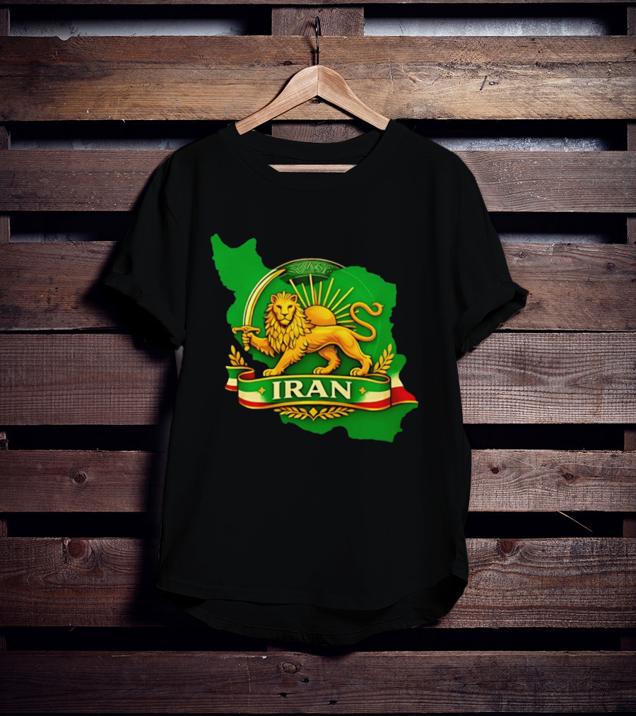 Iran Lion And Sun Emblem On Map Of Iran With National T-Shirt