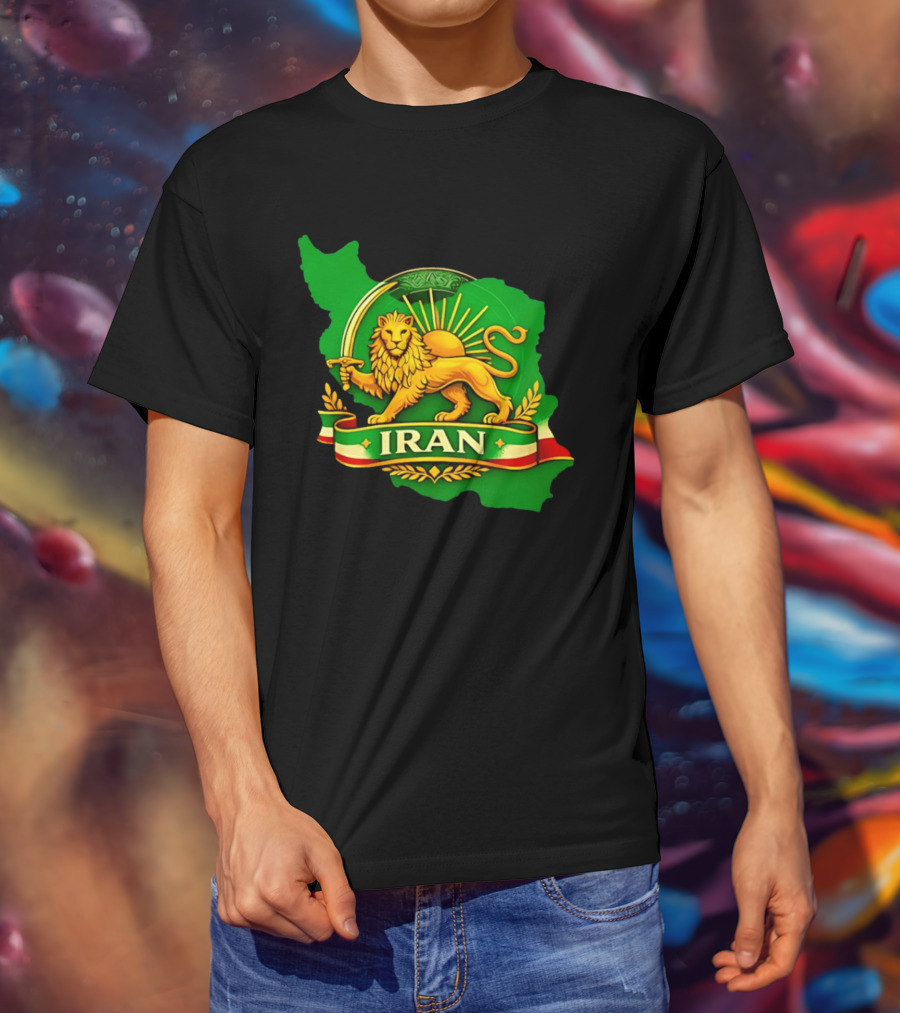 Iran Lion And Sun Emblem On Map Of Iran With National T-Shirt