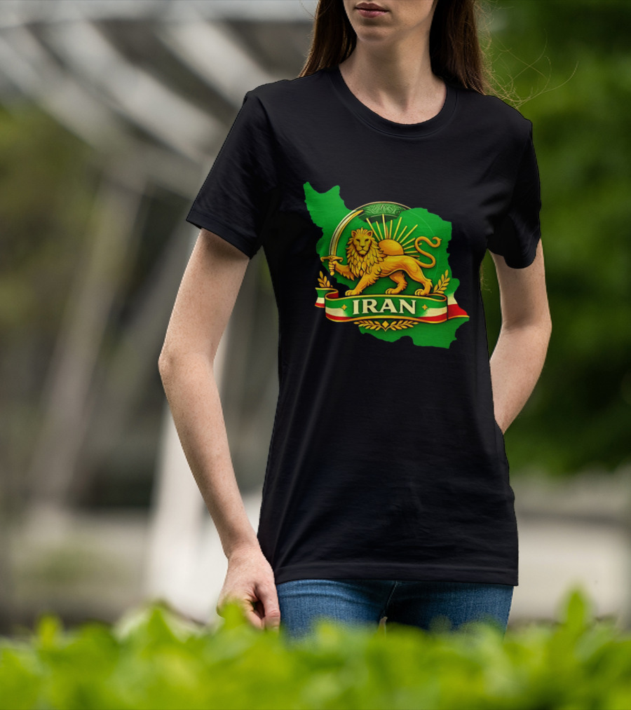 Iran Lion And Sun Emblem On Map Of Iran With National T-Shirt