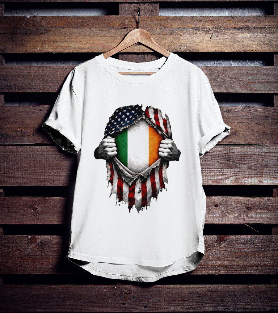 Irish Inside American Flag Tear With Ireland Flag T-Shirt