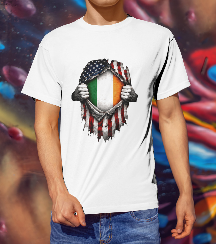 Irish Inside American Flag Tear With Ireland Flag T-Shirt