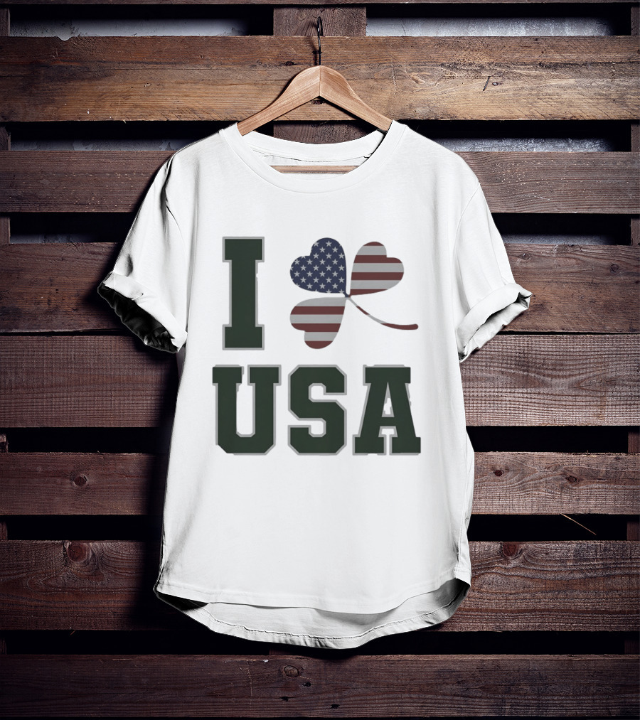 I Love USA St Patrick's Day Shamrock American Flag Heart T-Shirt