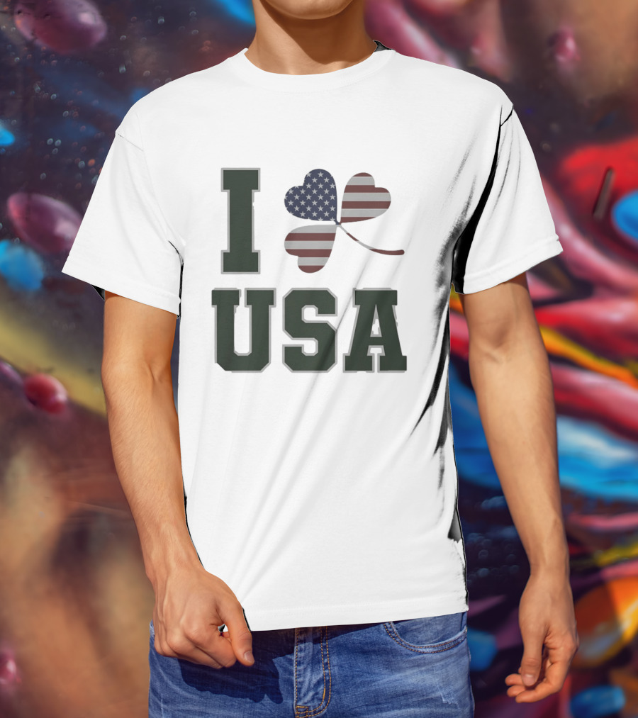 I Love USA St Patrick's Day Shamrock American Flag Heart T-Shirt