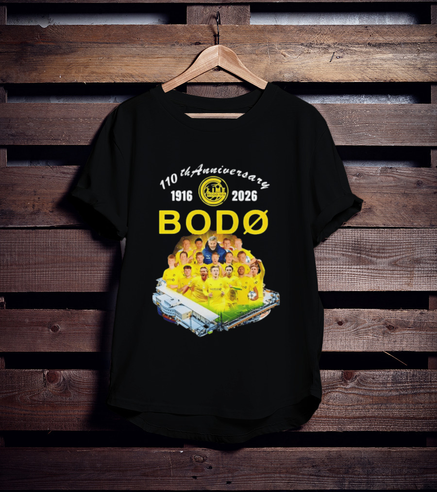 Bodø Glimt 110th Anniversary 1916 2026 Aspmyra Stadion Collage Featuring Players And Signatures T-Shirt
