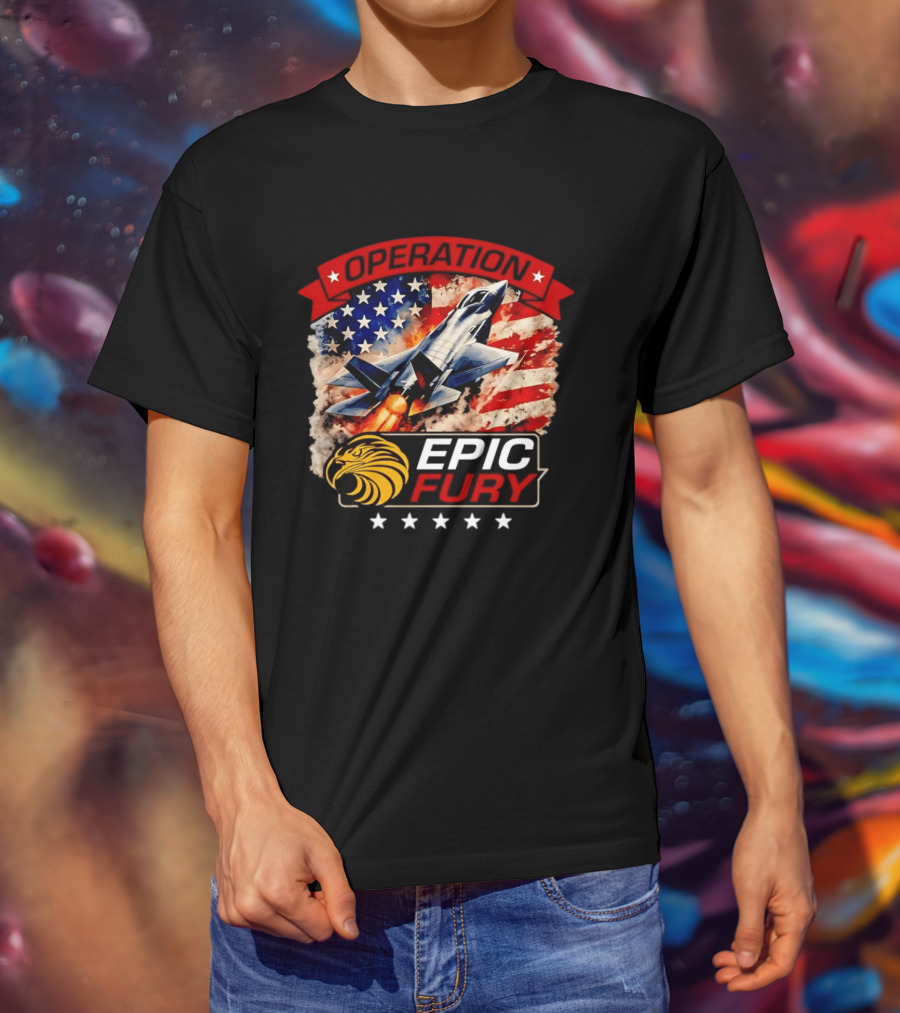 Operation Epic Fury B 2 USA Flag Fighter Jet And Stars T-Shirt