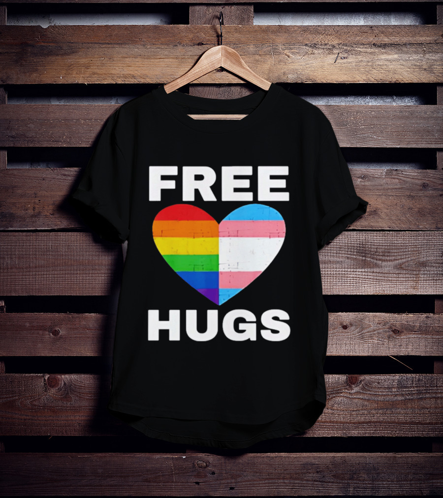 Free Hugs LGBTQ Rainbow Heart Pride T-Shirt