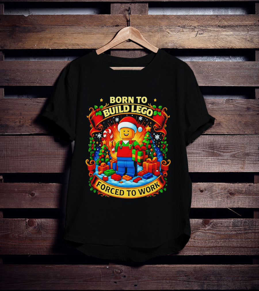 Santa Lego Born To Build Lego Forced To Work Christmas Cartoon T-Shirt