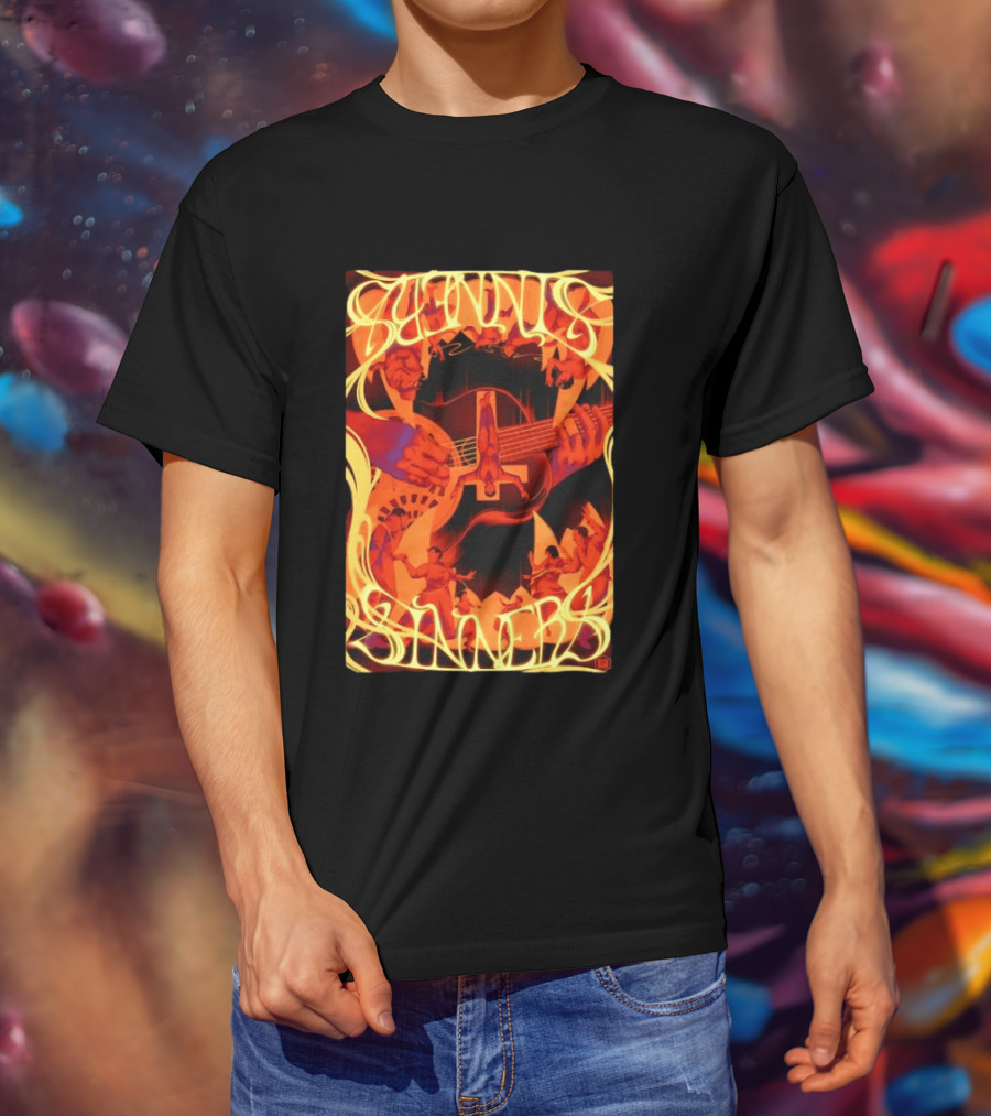 Sinners Pecadores Upside Down Guitar Person T-Shirt