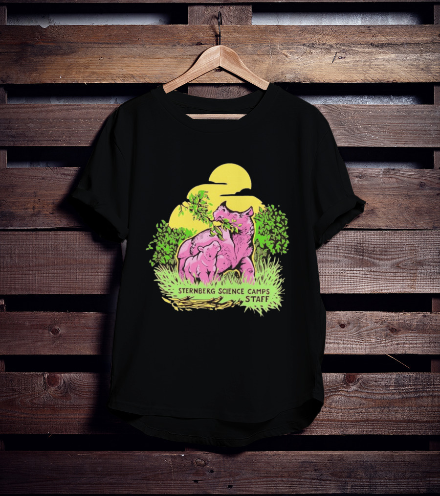 Sternberg Science Camps Staff Pink Dinosaurs Under Yellow Sun T-Shirt