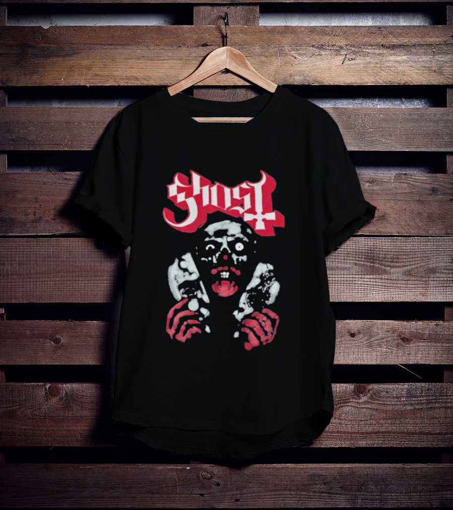 Ghost Mask Design Red And White Skulls And Hands T-Shirt