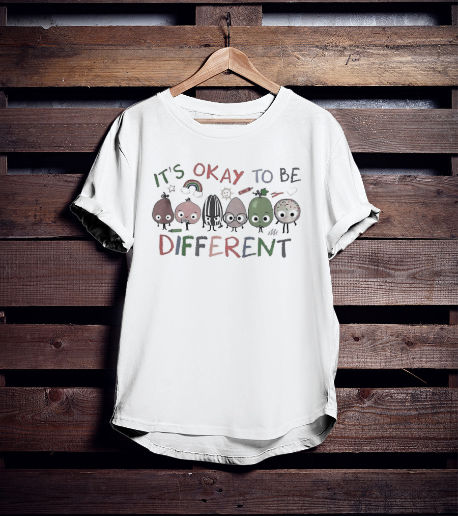 It's Okay To Be Different Autism Awareness Nuts Fruits Sketch With Rainbow And Smiley Faces T-Shirt
