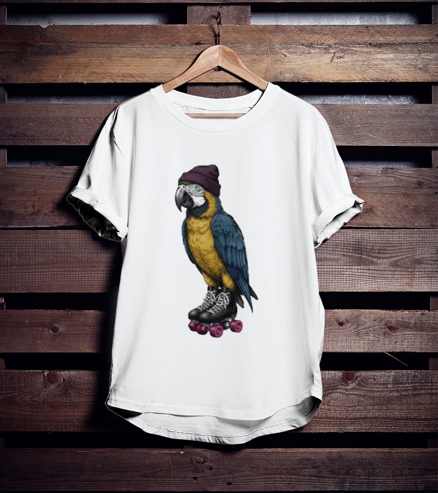 Nice Roller Skating Parrot With Hat And Colorful Feathers T-Shirt