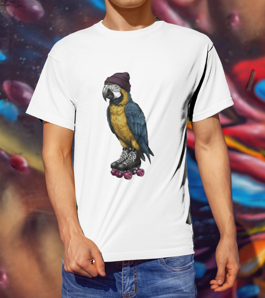Nice Roller Skating Parrot With Hat And Colorful Feathers T-Shirt