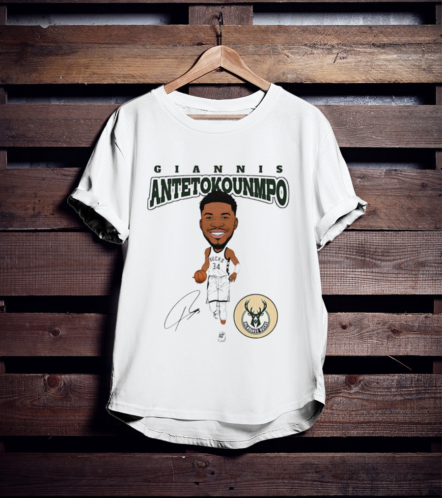 Giannis Antetokounmpo Milwaukee Bucks Hardwood Comic Caricature Basketball Signature 34 T-Shirt